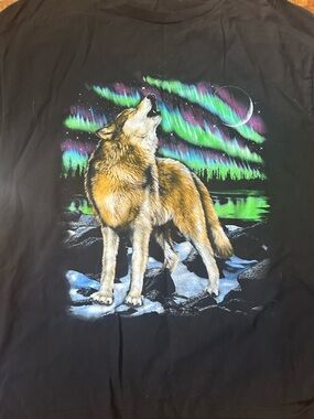 Howling Wolf Graphic Tee - Black with Green & Purple Aurora
